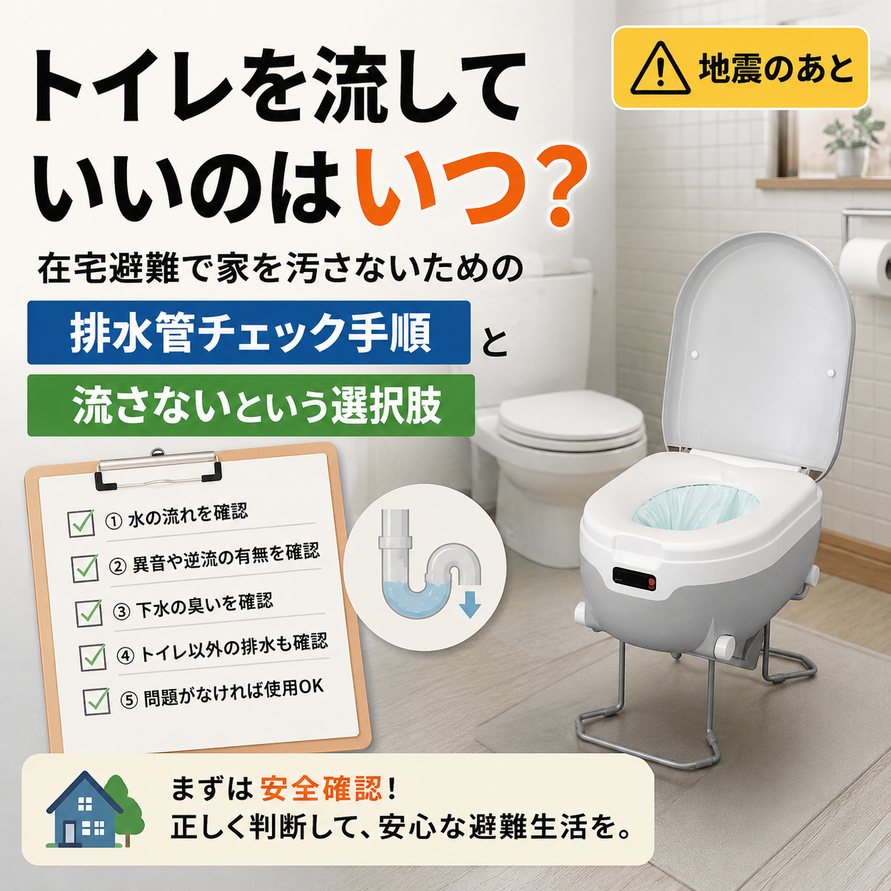 地震のあと、トイレを流していいのはいつ？ 在宅避難で家を汚さないための「排水管チェック手順」と、流さないという選択肢