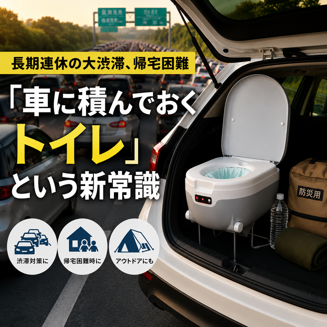 長期連休の大渋滞、帰宅困難　 「車に積んでおくトイレ」という新常識