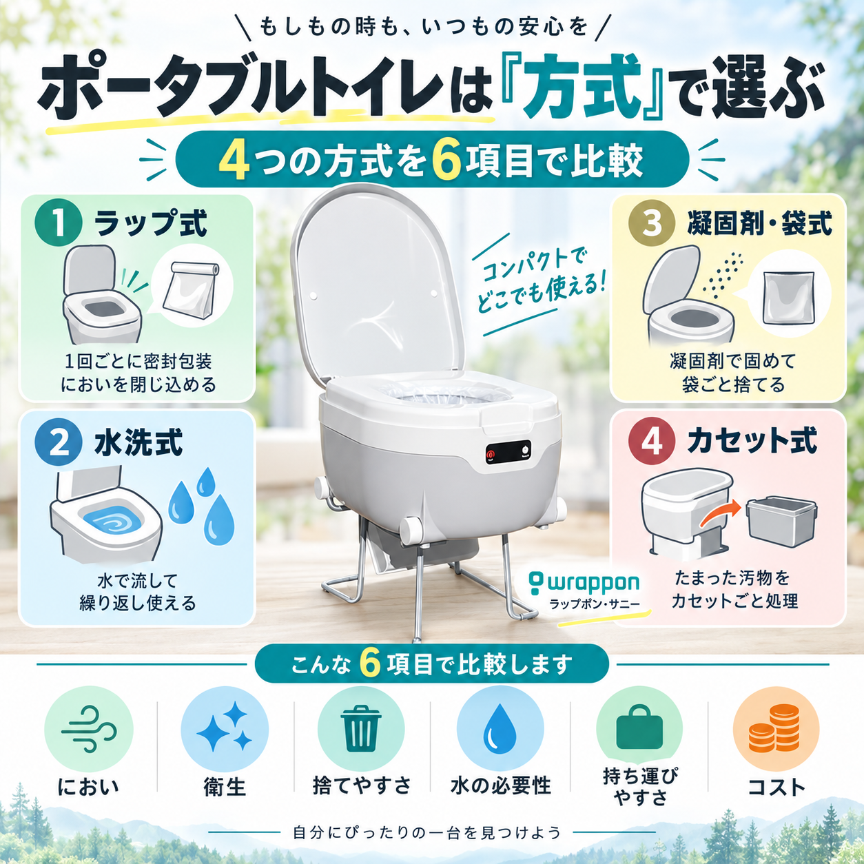 ポータブルトイレは「方式」で選ぶ。 4つの方式を6項目で比較する
