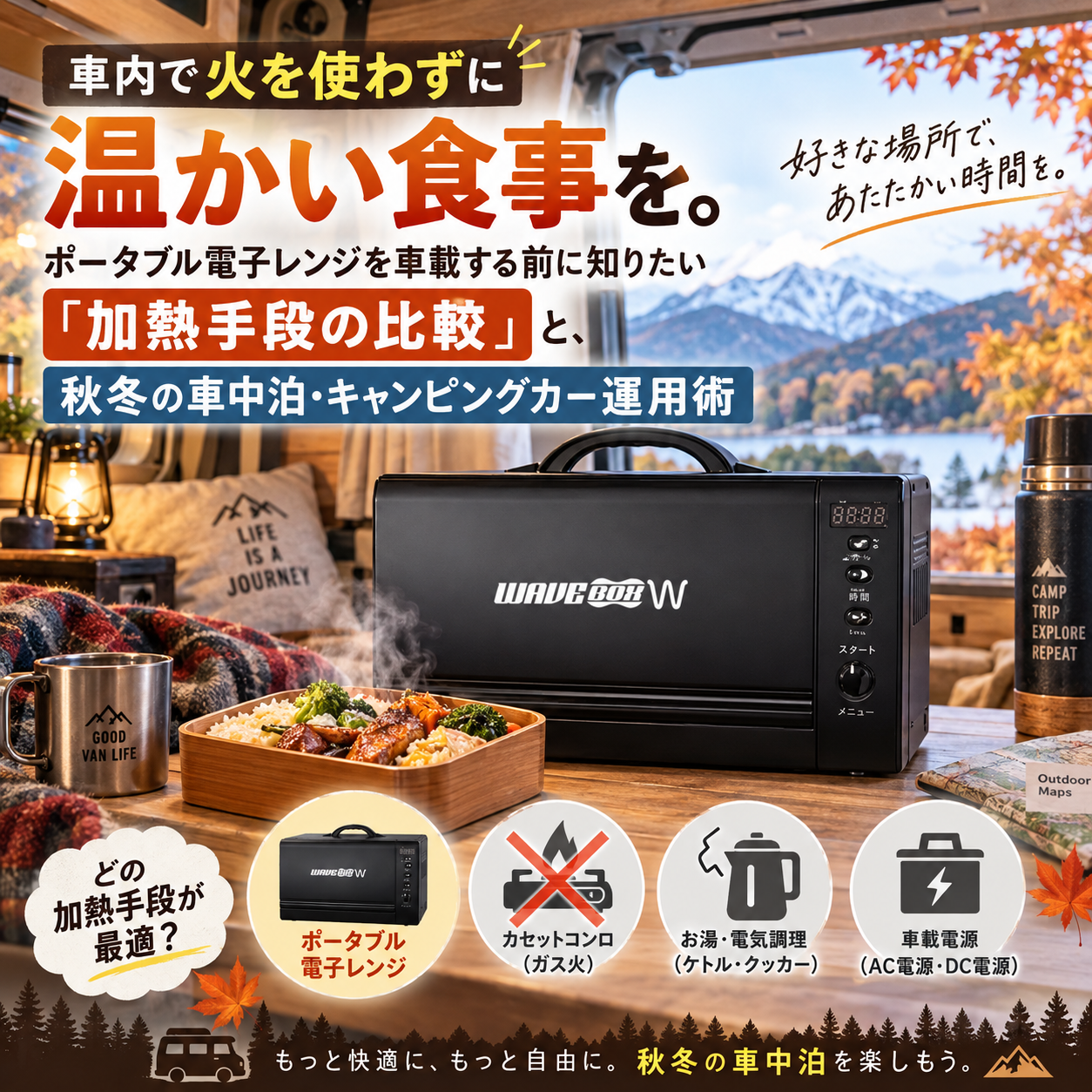 車内で火を使わずに温かい食事を。ポータブル電子レンジを車載する前に知りたい「加熱手段の比較」と、秋冬の車中泊・キャンピングカー運用術