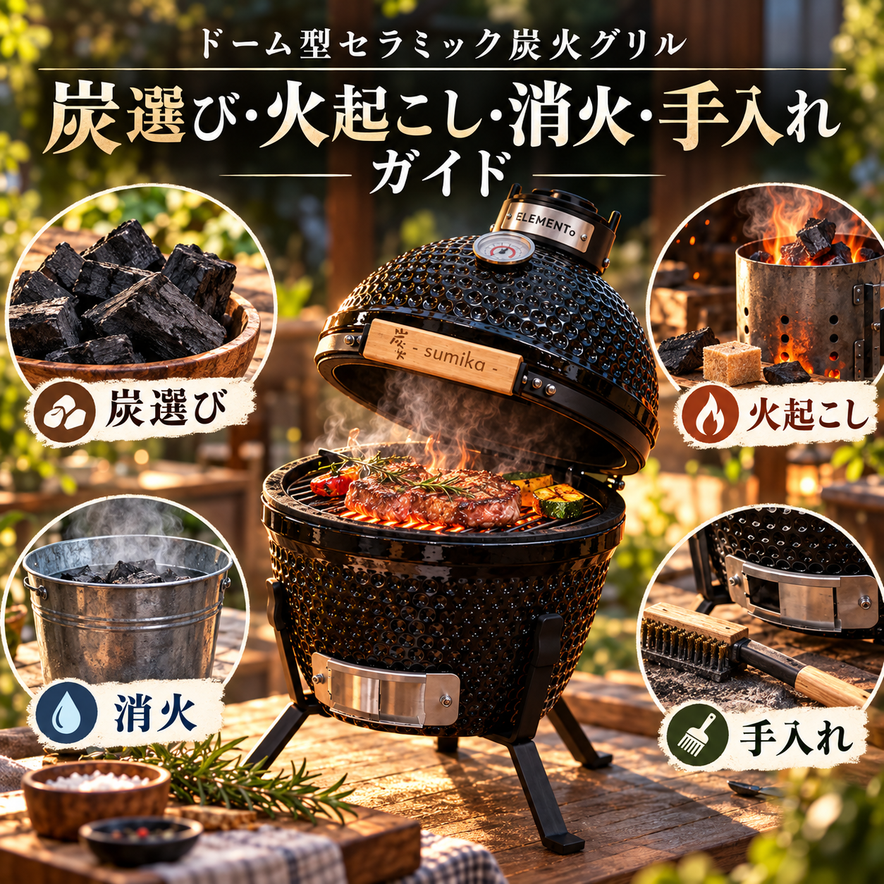 ドーム型セラミック炭火グリルの炭選び・火起こし・消火・手入れガイド