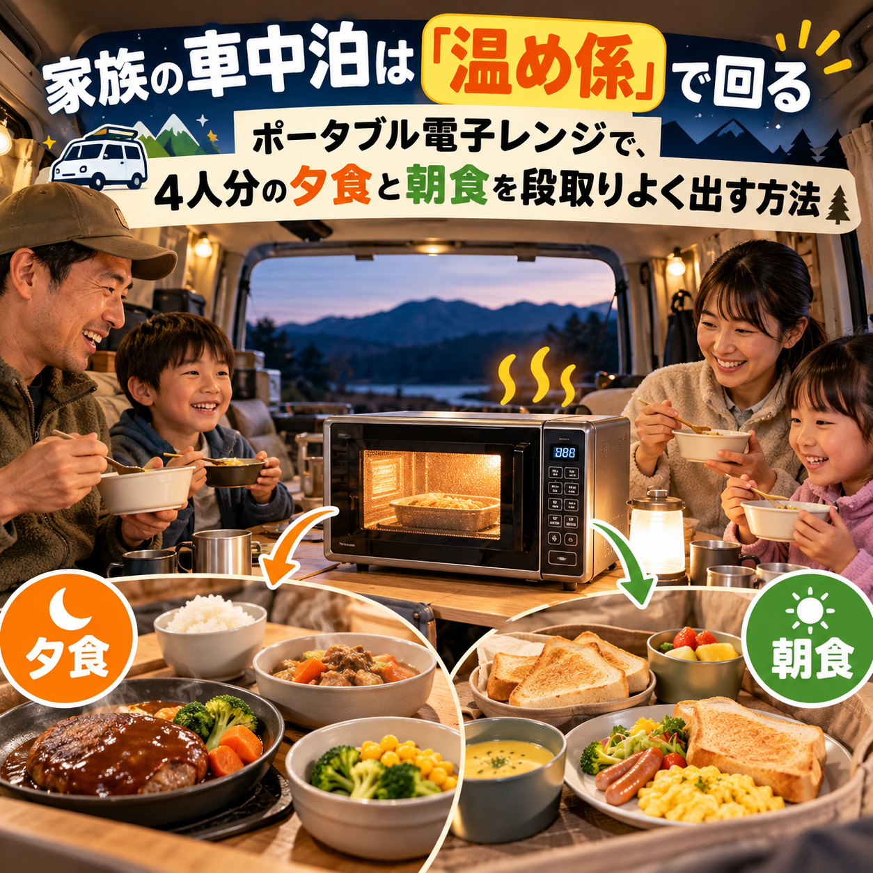 家族の車中泊は「温め係」で回る ポータブル電子レンジで、4人分の夕食と朝食を段取りよく出す方法