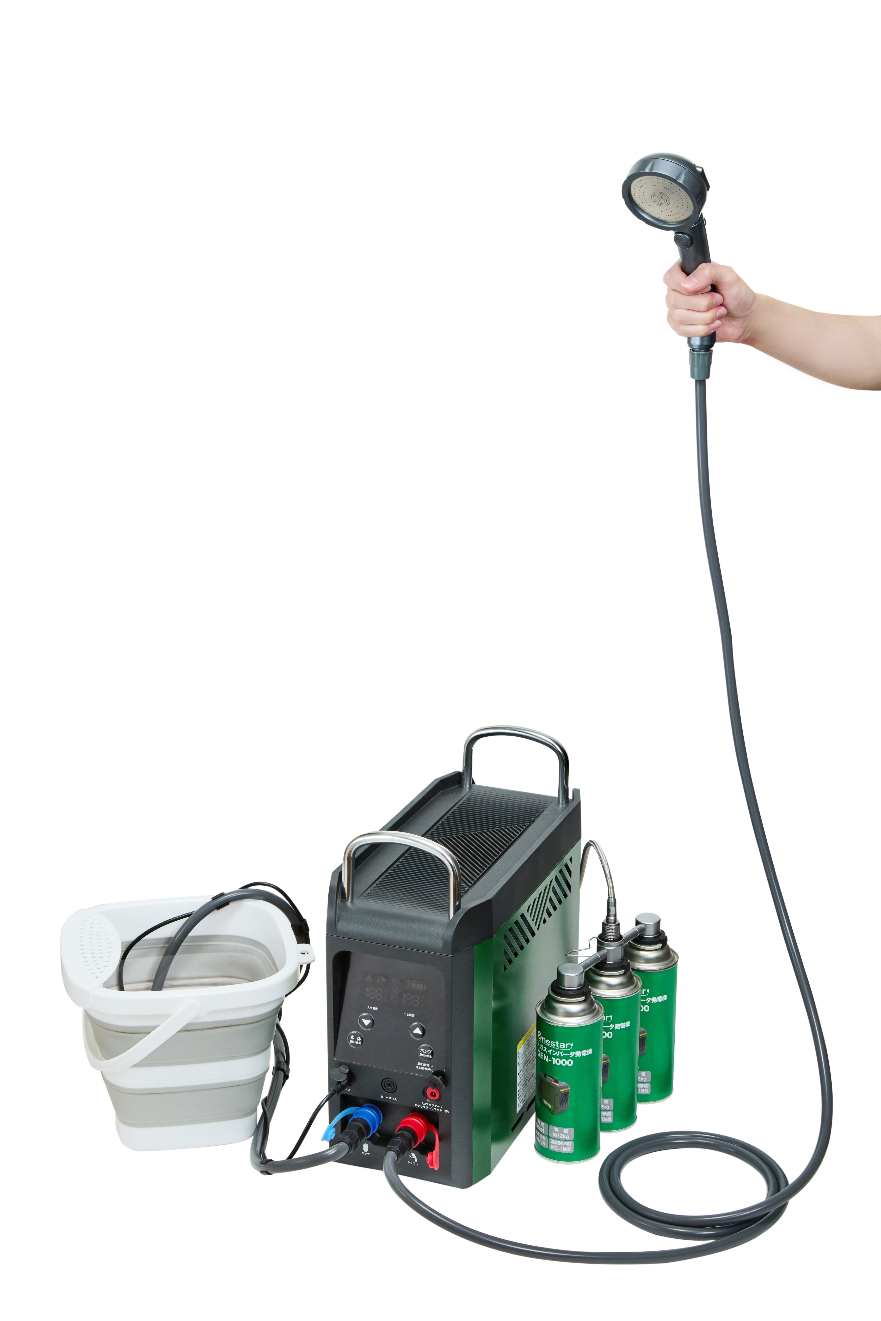 カセットガスポータブル温水シャワー GSEN-45｜わずか3秒で温水！キャンプ・防災・ペット用屋外給湯器